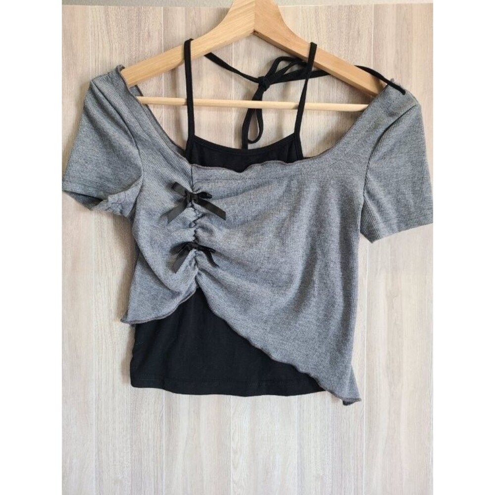 Shein Asymmetrical Crop Top XS Gray Ribbed Ruched Layered Y2K Grunge